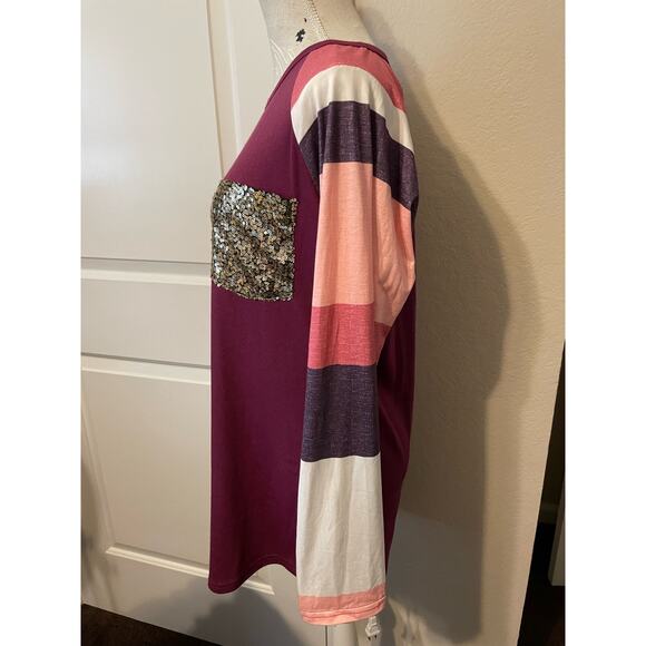 Long sleeve womens large multi color sequin pocket top - Picture 4 of 4